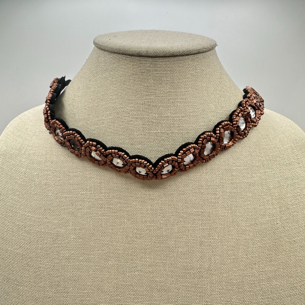 Vintage 90s Bronze Tone Beaded Rhinestone Choker Necklace Women's Jewelry Boho